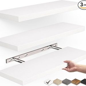 BAYKA Floating Shelves for Wall, Wall Mounted Rustic Wood Shelves for Bathroom, Bedroom, Living Room, Kitchen, Hanging Shelf for Books/Storage/Room Decor with 22lbs Capacity (White, Set of 3, 16in)