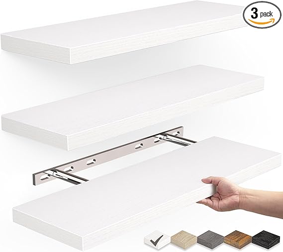 BAYKA Floating Shelves for Wall, Wall Mounted Rustic Wood Shelves for Bathroom, Bedroom, Living Room, Kitchen, Hanging Shelf for Books/Storage/Room Decor with 22lbs Capacity (White, Set of 3, 16in)