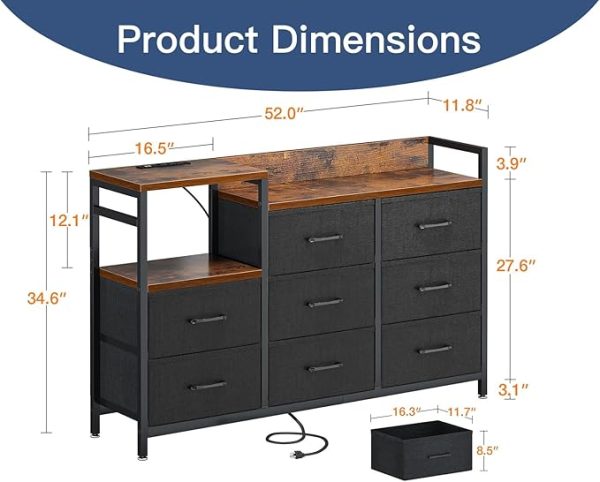 Casaottima Dresser for Bedroom with Charging Station, 52" Long Dresser with 8 Storage Drawers, Large Fabric Dressers Chests of Drawers with Shelves, Black and Vintage - Image 3