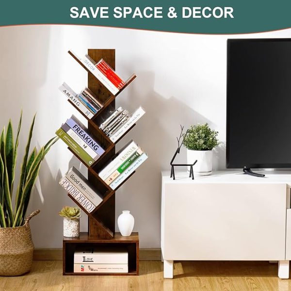 Yoobure Tree Bookshelf - 6 Shelf Retro Floor Standing Bookcase, Tall Wood Book Storage Rack for CDs/Movies/Books, Utility Book Organizer Shelves for Bedroom, Living Room, Home Office - Image 4