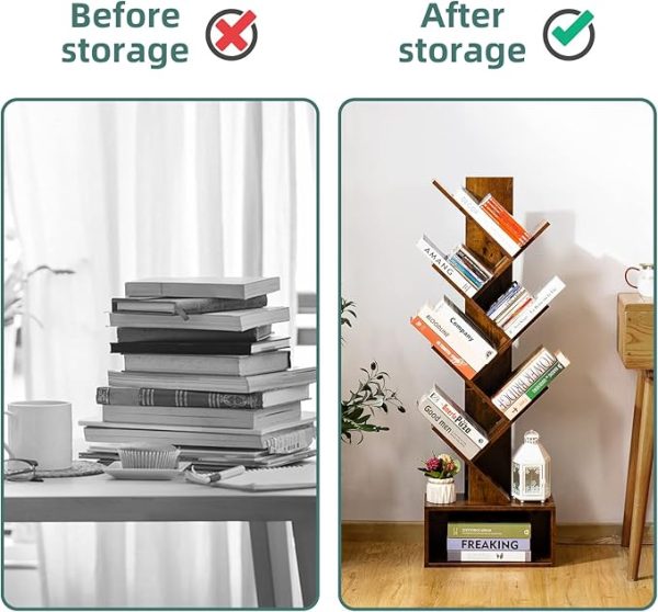 Yoobure Tree Bookshelf - 6 Shelf Retro Floor Standing Bookcase, Tall Wood Book Storage Rack for CDs/Movies/Books, Utility Book Organizer Shelves for Bedroom, Living Room, Home Office - Image 2