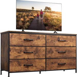 WLIVE Wide Fabric Dresser, 6 Drawer Dresser TV Stand for 60" TV, Dressers Bedroom Furniture Large Storage Tower Unit with Fabric Bins, Dresser for Bedroom, Closet, Hallway, Rustic Brown