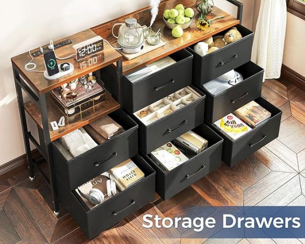 Casaottima Dresser for Bedroom with Charging Station, 52" Long Dresser with 8 Storage Drawers, Large Fabric Dressers Chests of Drawers with Shelves, Black and Vintage - Image 4