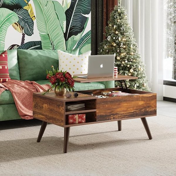 WLIVE Wood Lift Top Coffee Table with Hidden Compartment and Adjustable Storage Shelf, Lift Tabletop Dining Table for Home Living Room, Office, Rustic Oak - Image 4
