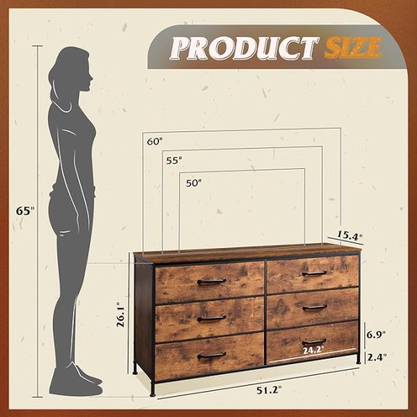 WLIVE Wide Fabric Dresser, 6 Drawer Dresser TV Stand for 60" TV, Dressers Bedroom Furniture Large Storage Tower Unit with Fabric Bins, Dresser for Bedroom, Closet, Hallway, Rustic Brown - Image 3