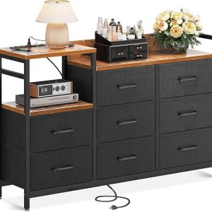 Casaottima Dresser for Bedroom with Charging Station, 52" Long Dresser with 8 Storage Drawers, Large Fabric Dressers Chests of Drawers with Shelves, Black and Vintage