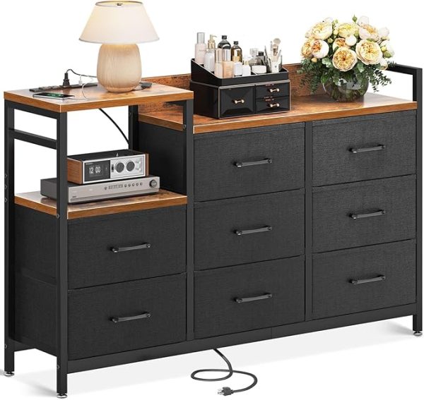 Casaottima Dresser for Bedroom with Charging Station, 52" Long Dresser with 8 Storage Drawers, Large Fabric Dressers Chests of Drawers with Shelves, Black and Vintage