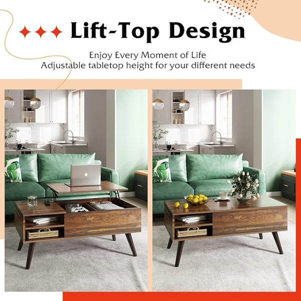 WLIVE Wood Lift Top Coffee Table with Hidden Compartment and Adjustable Storage Shelf, Lift Tabletop Dining Table for Home Living Room, Office, Rustic Oak - Image 3