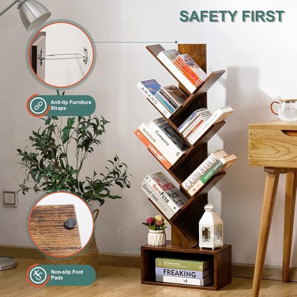 Yoobure Tree Bookshelf - 6 Shelf Retro Floor Standing Bookcase, Tall Wood Book Storage Rack for CDs/Movies/Books, Utility Book Organizer Shelves for Bedroom, Living Room, Home Office - Image 3
