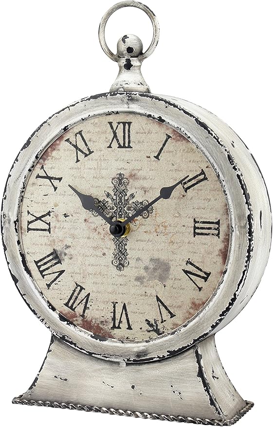 Stonebriar Large 12 Inch Decorative Battery Operated Table Top Clock with Roman Numerals and Antique Finish, 12", Worn White