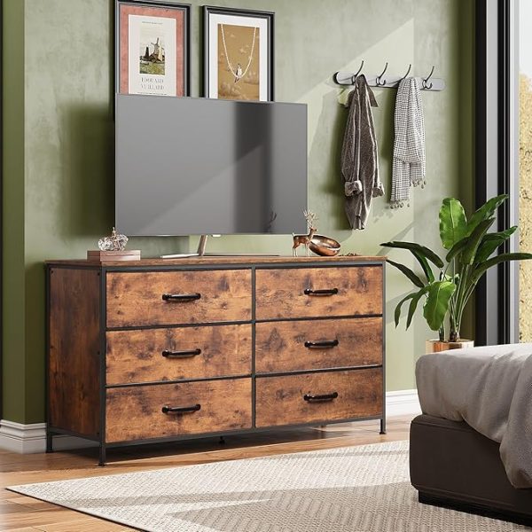 WLIVE Wide Fabric Dresser, 6 Drawer Dresser TV Stand for 60" TV, Dressers Bedroom Furniture Large Storage Tower Unit with Fabric Bins, Dresser for Bedroom, Closet, Hallway, Rustic Brown - Image 4
