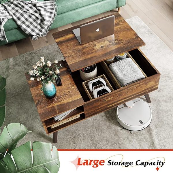 WLIVE Wood Lift Top Coffee Table with Hidden Compartment and Adjustable Storage Shelf, Lift Tabletop Dining Table for Home Living Room, Office, Rustic Oak - Image 2