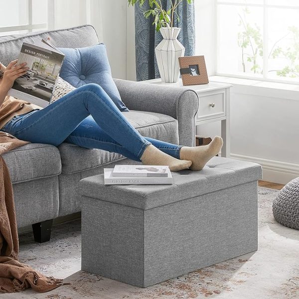 SONGMICS 30 Inches Folding Storage Ottoman Bench, Storage Chest, Foot Rest Stool, Light Gray ULSF47G, 15 x 30 x 15 Inches - Image 2