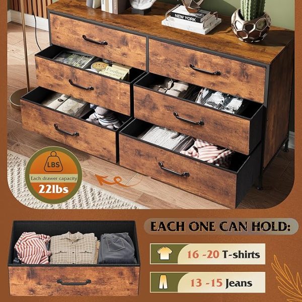 WLIVE Wide Fabric Dresser, 6 Drawer Dresser TV Stand for 60" TV, Dressers Bedroom Furniture Large Storage Tower Unit with Fabric Bins, Dresser for Bedroom, Closet, Hallway, Rustic Brown - Image 2